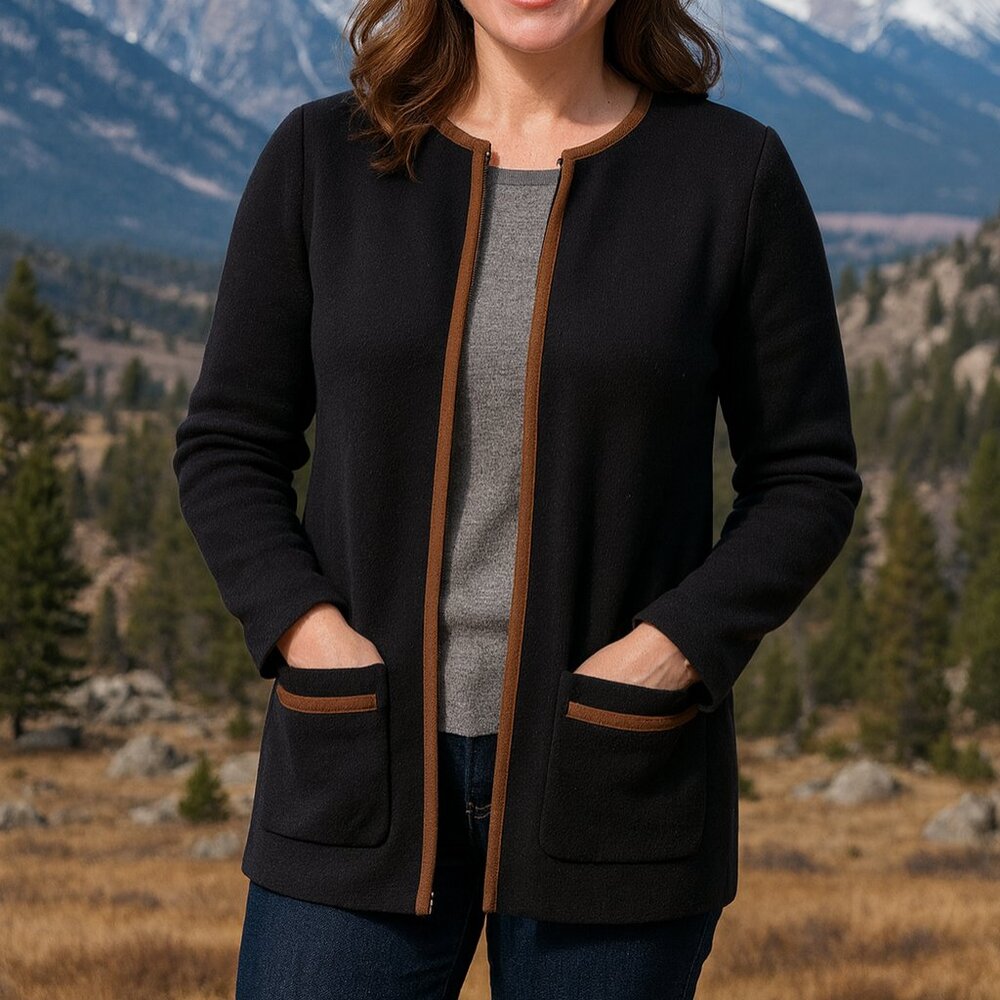 VTG Lauren Ralph Lauren Black Zip Front Cardigan Sweater Brown Trim S Quiet Lux